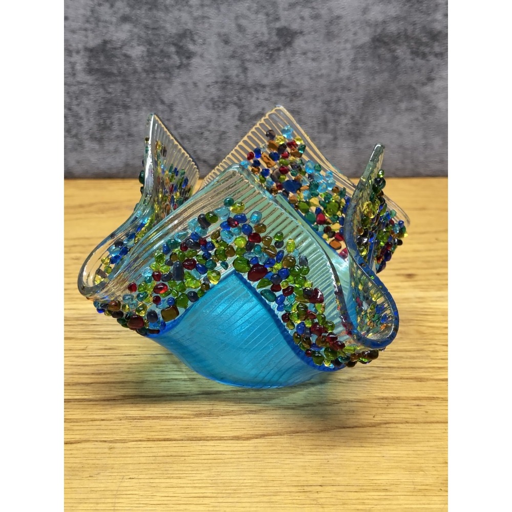 Handkerchief BOWL Vase Textured Art Glass Hand-Made w/Confetti Glass Pieces